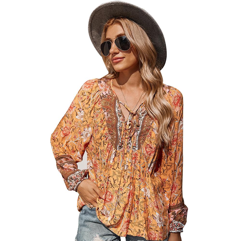 Women's Summer V Neck Printed Lantern Long Sleeve Loose Top