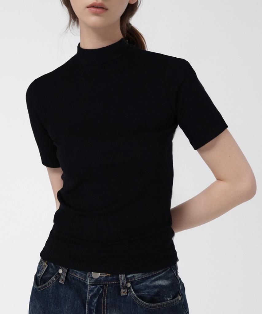 JUSTHANG Tencel Basic Ribbed Mock Neck Short Sleeve T-Shirt [Black]