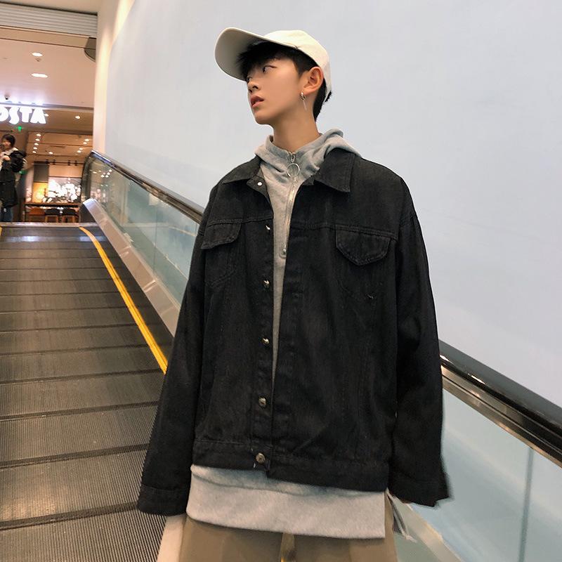 Men's Trendy Korean Style Loose Denim Jacket - Long Sleeve, Solid Color, Hip Hop Youth Student Fashion