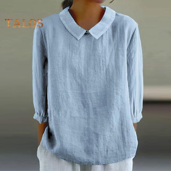 Women Shirt Doll Collar 3/4 Sleeve Pullover Tops Solid Color Loose Fit Thin Shirt Tops Casual Daily Wear
