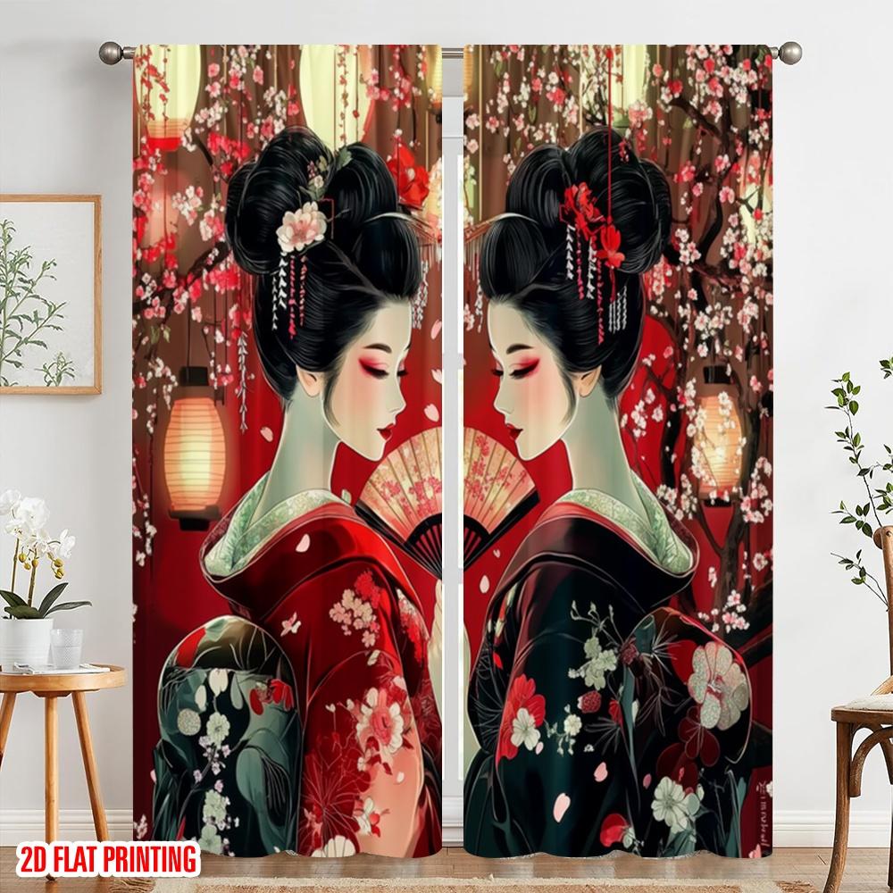 2pcs,2D plane printing Popular Curtains Geisha Sakura Scene Versatile 100% Polyester (without rod) Outdoor Decorations Perfect