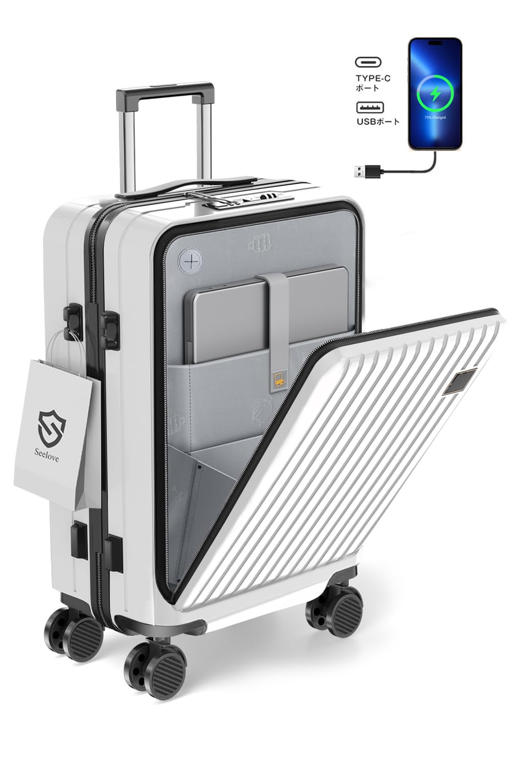 

Front Open Carry Medium Double Coil Zipper Type C and USB TSA Double Business Nights [Seelove] Suitcase, Carry-on, Case, Size, Port, Lock, Quiet, білий