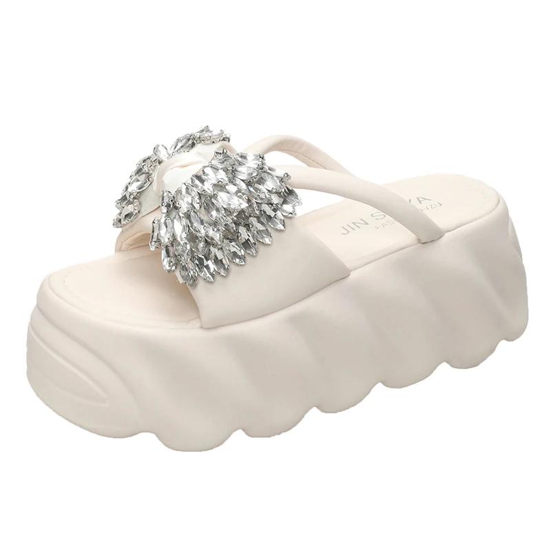 8.5CM Women Summer High Platform Sandals Glitter Slides Crystal Butterfly-knot Shoes Woman Pantofle Soft Beach Slides Zapatos