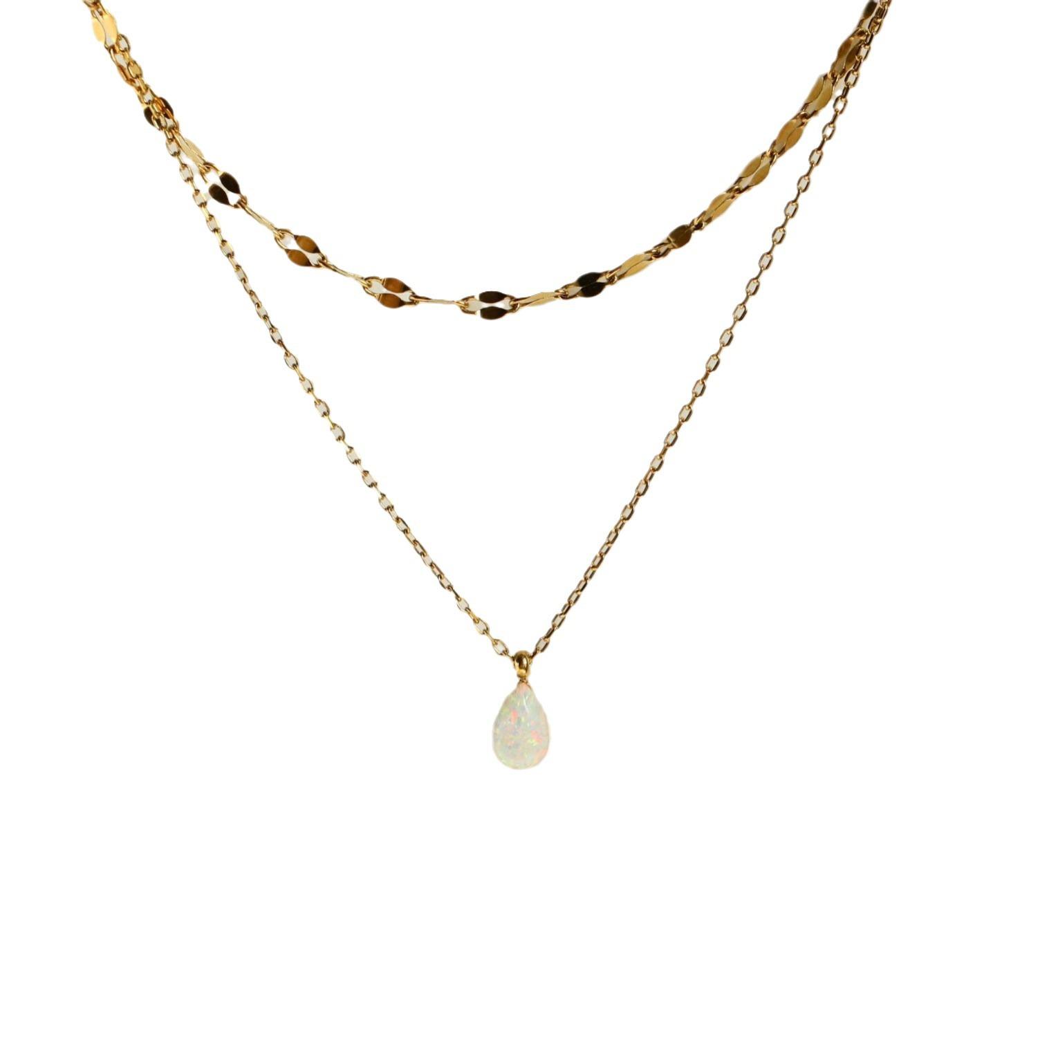 

High Color Retention Blue Tears Compact Opal Blue Water Drop Flash Double-Layer Necklace Plated With 18K Gold