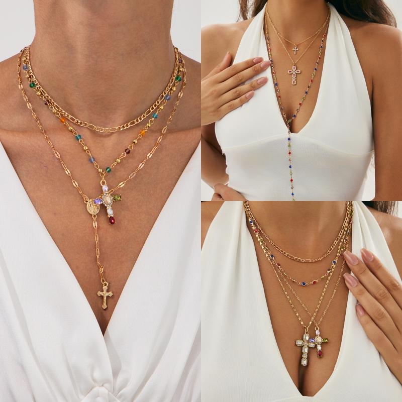 3/4Pcs Simple Jesus Cross Pendant Choker Stacking Necklace For Women Trendy Colorful Crystal Chain Christian Jewelry Gift