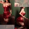 Queen Bondage Cosplay Sexy Costume 5 Piece Set SM Restraints Corset Mini Skirt Stockings Glossy Enamel Leather Style Red Red [MONEON] (Shining Red)