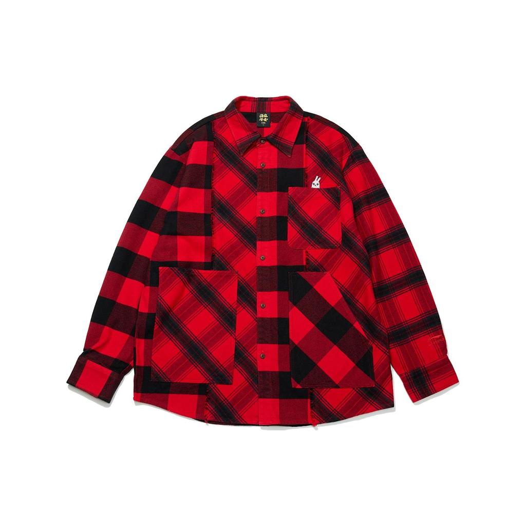 LiNing Plaid Pocket Button Lapel Loose Long Sleeve Shirt Men Tops Red ASHT001-1