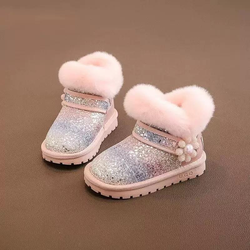 Winter Girls' Warm Snow Boots Fleece-lined and Thickened Princess Boots Warm Cotton Shoes