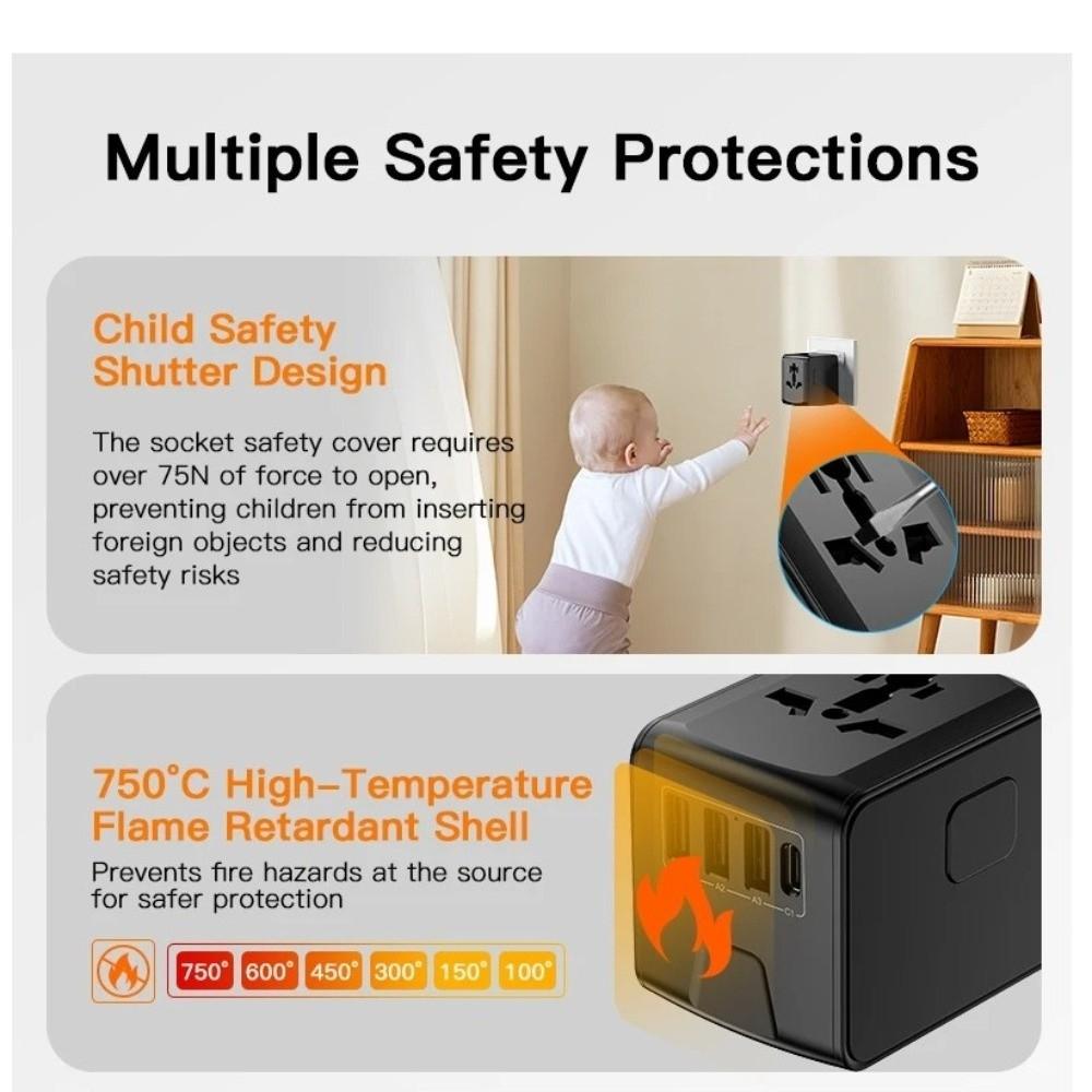 4 USB Ports Universal Travel Adapter High Speed GaN Travel Adapter  Worldwide Use