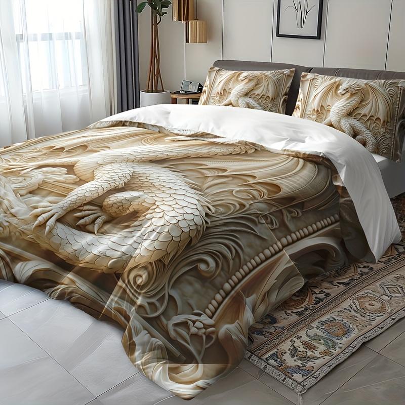 3-teiliges Drachen-Totem-Bettbezug-Set, HD-Digitaldruck, atmungsaktive Polyester-Bettwäsche mit Kissenbezügen, Ganzjahreskomfort für Zuhause