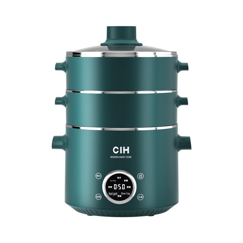 CIH Z666 Multifunctional Electric Steamer: Large Capacity, Three-Layer Stainless Steel Steaming Pot with Timer темно-зеленого