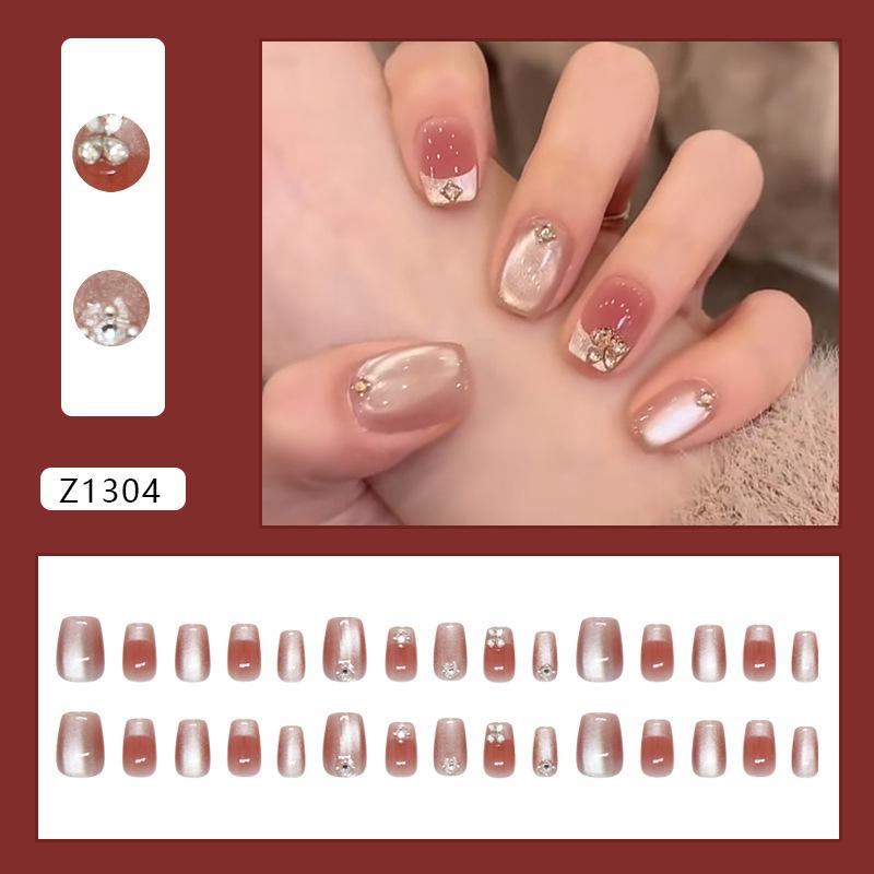 24 Pieces Cat's Eye French Girl Blush Shine Pile Diamond Sweet Flower Temperament Fashion Style Removable Nail Art 30 Pieces