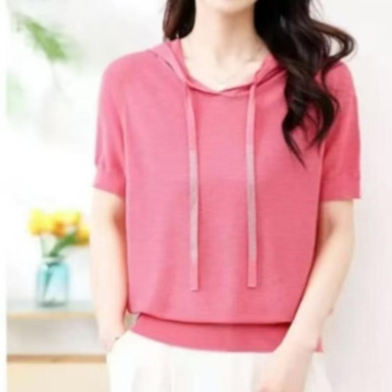 Hooded Pullover Knitted T-shirt for Women Short Sleeved Loose Casual Versatile Slimming T-shirt
