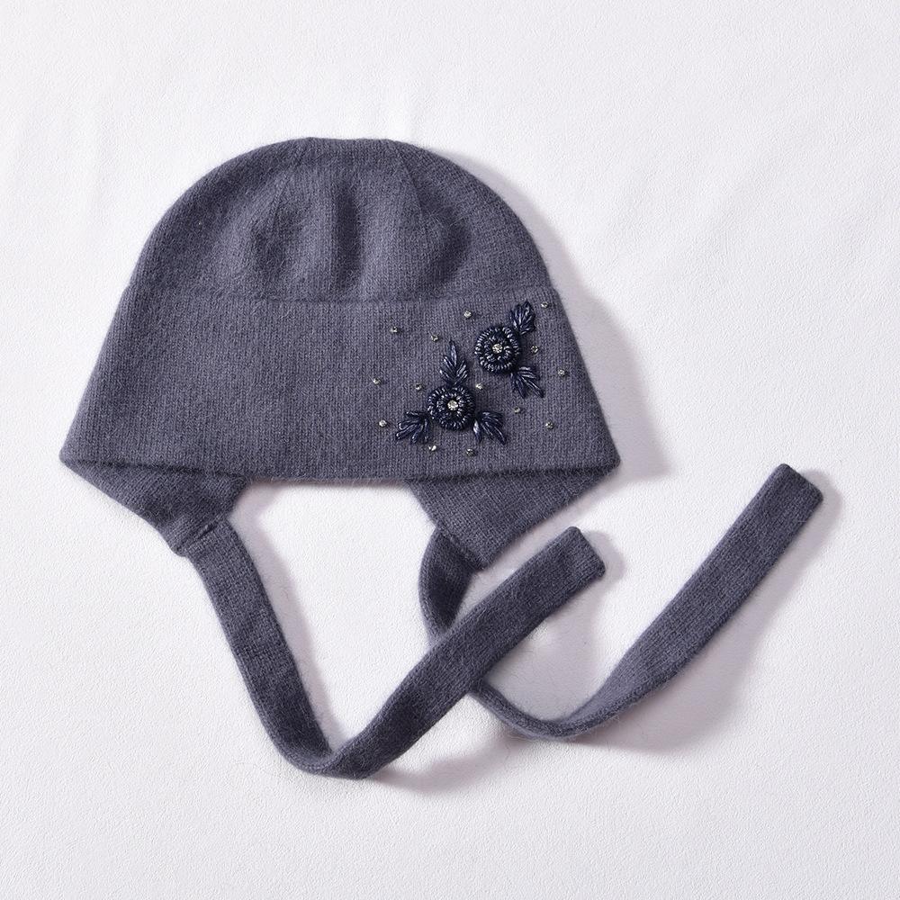 Autumn and winter new embroidered ear protector with diamond, warm wool hat, angora rabbit hair knitted hat