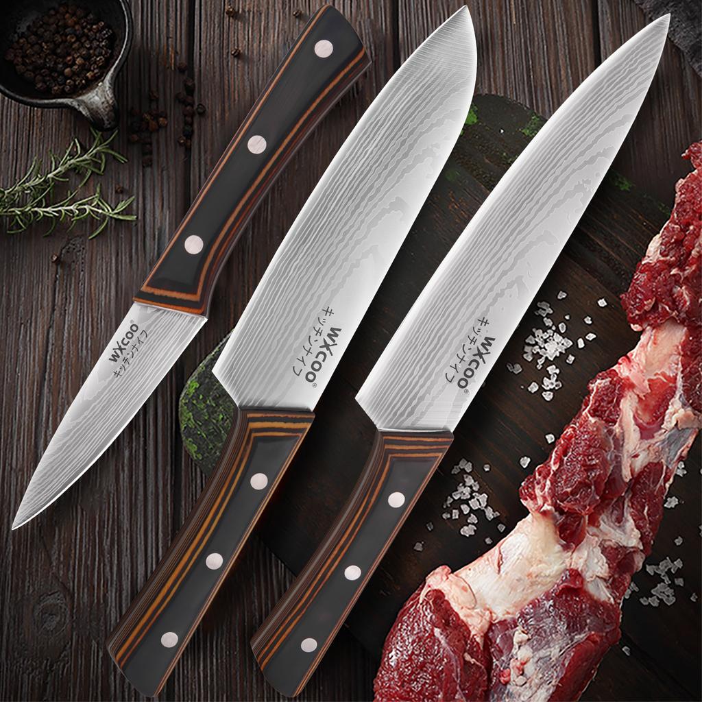 3PCS Chef Knife Japanese Kitchen Knives Set Professional Stainless Steel Meat Cleaver Slicer Knife Santoku Knife Wooden Handle