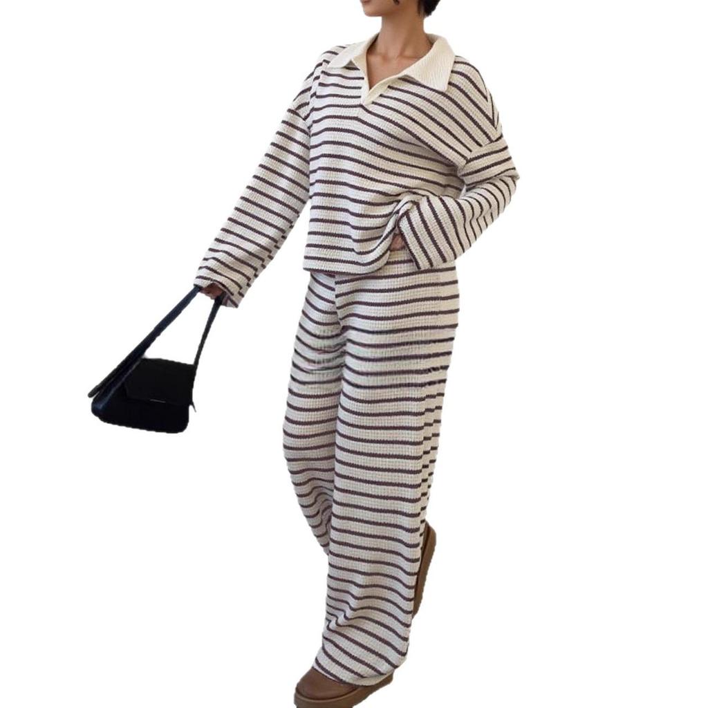 2025 Autumn Winter Striped Lapel Knit Top & Casual Trousers Set