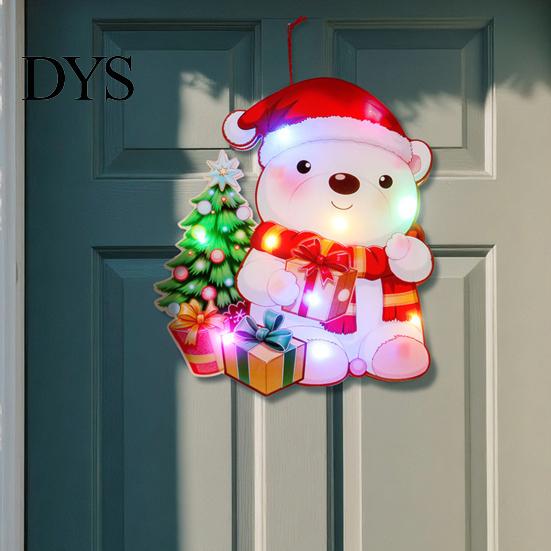 Reusable Xmas Door Hanging LED Light Up Christmas Ornaments, Santa Reindeer Bear Wreath Holiday Party Background Supplies Hanger, Battery Powered Wall