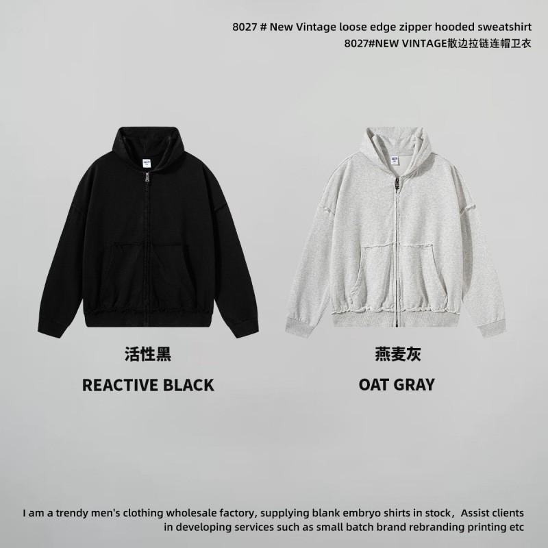 430GSM Heavyweight Cotton Washed Frayed Zip Hoodie Unisex Streetwear