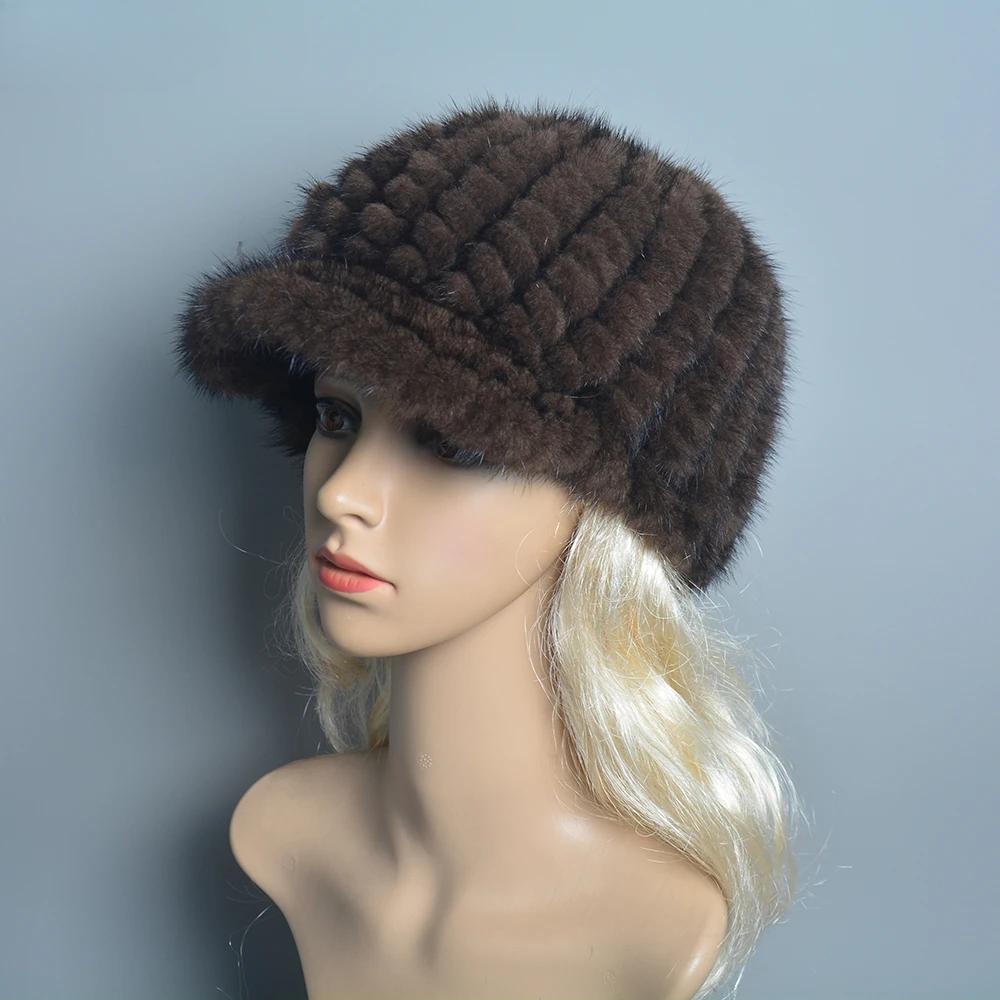 New Russia Lady Winter Hand Knitted Real Mink Fur Hat Natural Warm Mink Fur Visors Cap Women Fashion 100% Genuine Mink Fur Hats