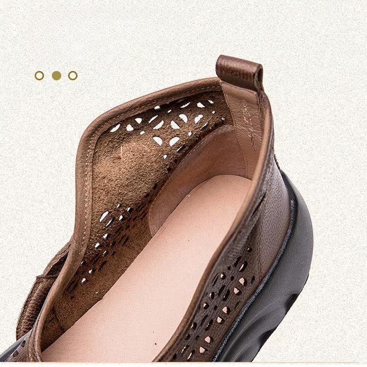 Johnature Sandálias de couro legítimo com sola grossa romanas respiráveis e plataforma plana feminina