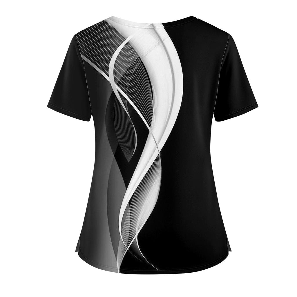 Women's Fashionable Printed Round Neck Pocket Short Sleeved Shirt With Slit Hem Uniform And Worker's Top