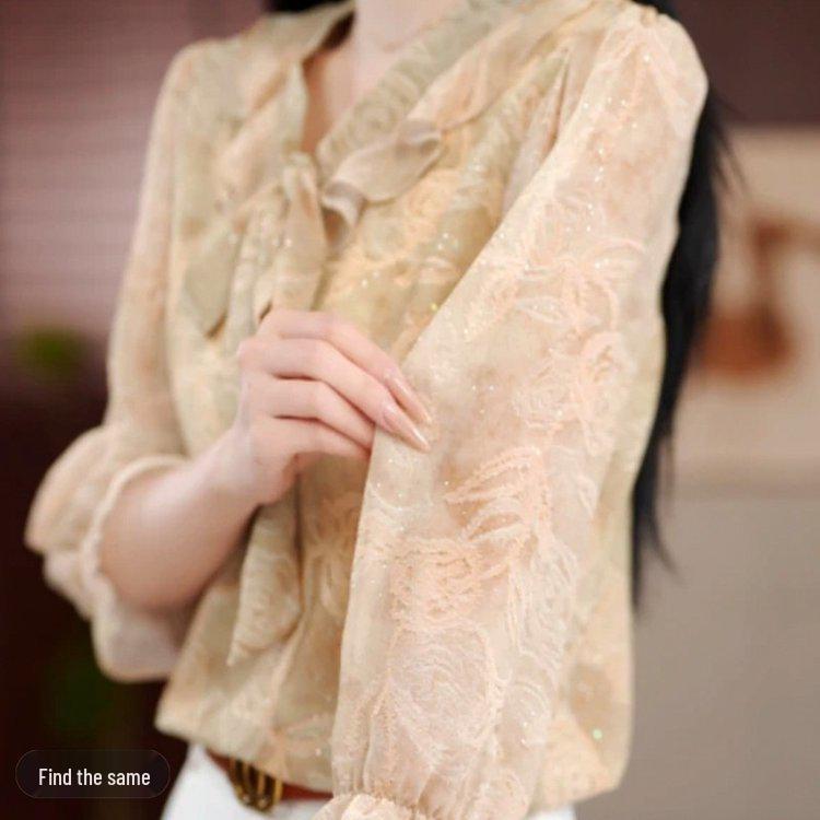 2026 Spring French Light Luxury Floral Tie-Up Three-Quarter Sleeve Top