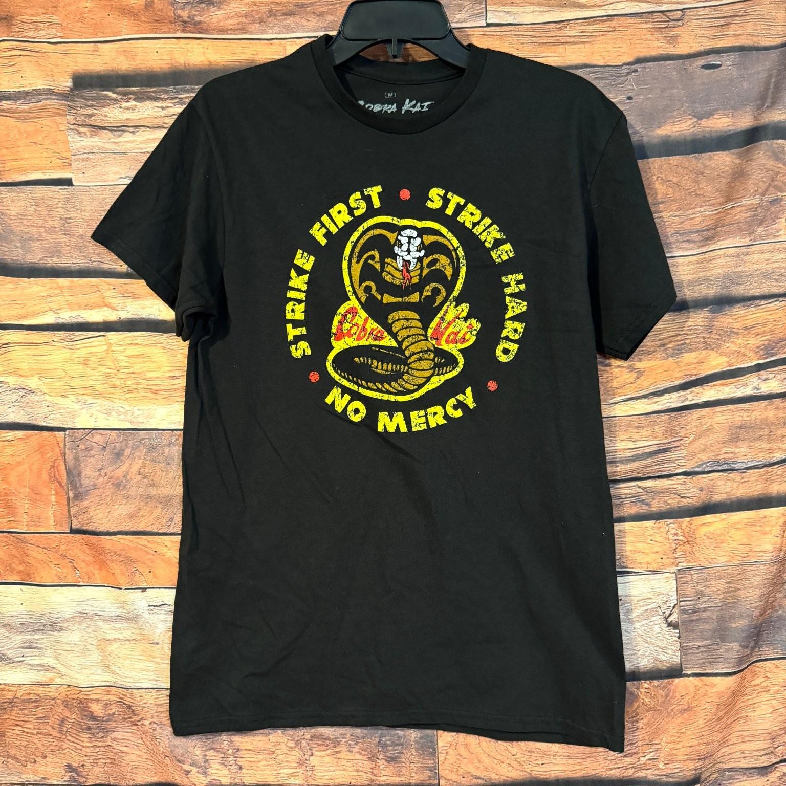 Cobra Kai Men s Black M 100% Cotton Strike First Hard No Mercy Graphic Unisex T-Shirt S