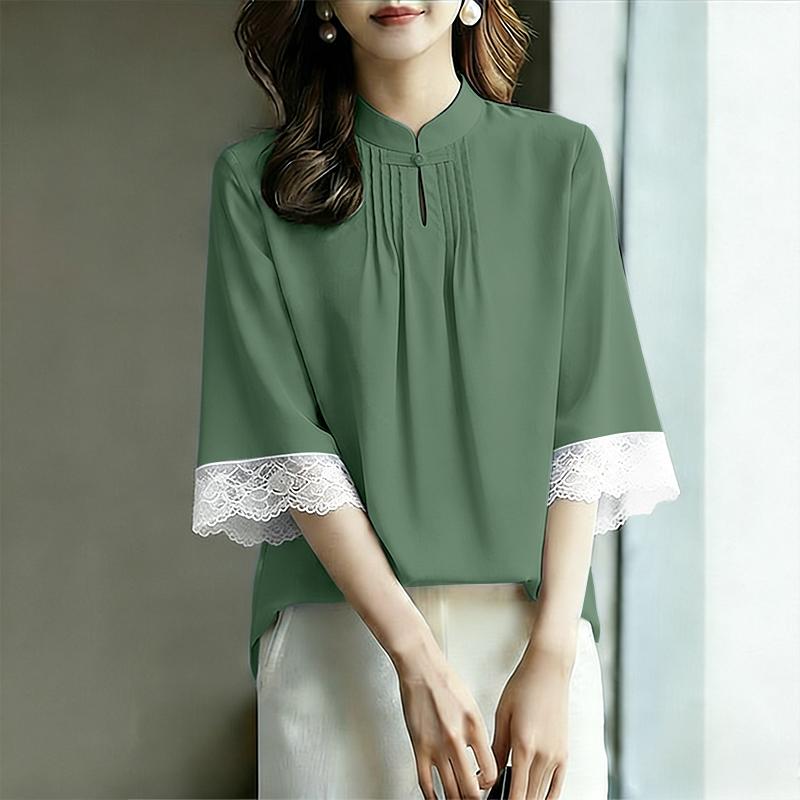 ZANZEA Women Casual Stand Color Lace Splice 3/4 Sleeve Loose Blouse