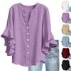 Women Button Down Ruffle Sleeve Blouse Loose Fit V Neck Casual Top Lightweight Long Sleeve Shirt Tunic Style