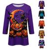 Women's Halloween Printed Long Sleeve Blouse with Round Neck and Three-Quarter Sleeves for Festive Occasions