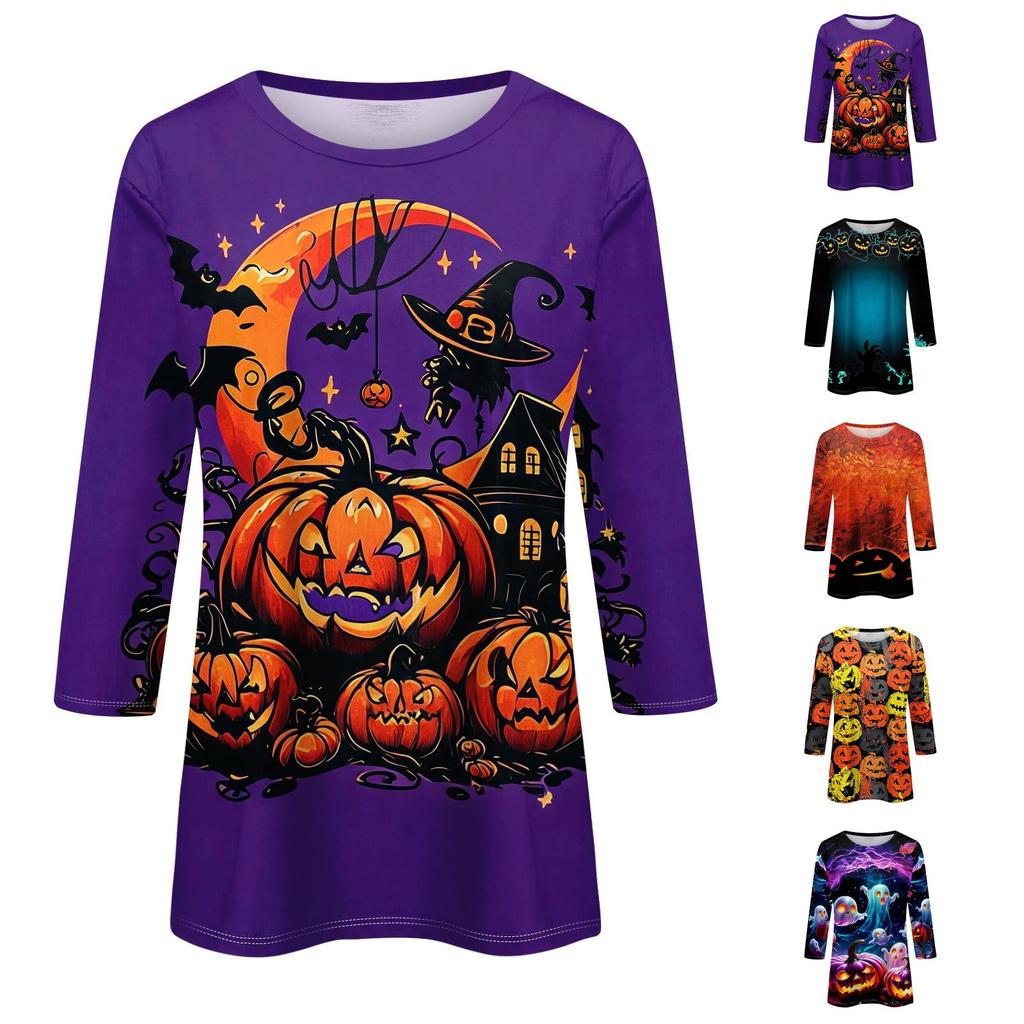 Women's Halloween Printed Long Sleeve Blouse with Round Neck and Three-Quarter Sleeves for Festive Occasions