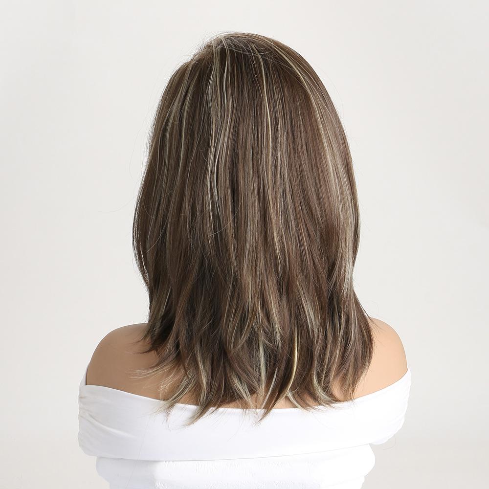 Women Medium Length Wave Hair with Bangs Synthetic Mixed Blonde Brown Wigs for Daily Cosplay Heat Resistant Fibre