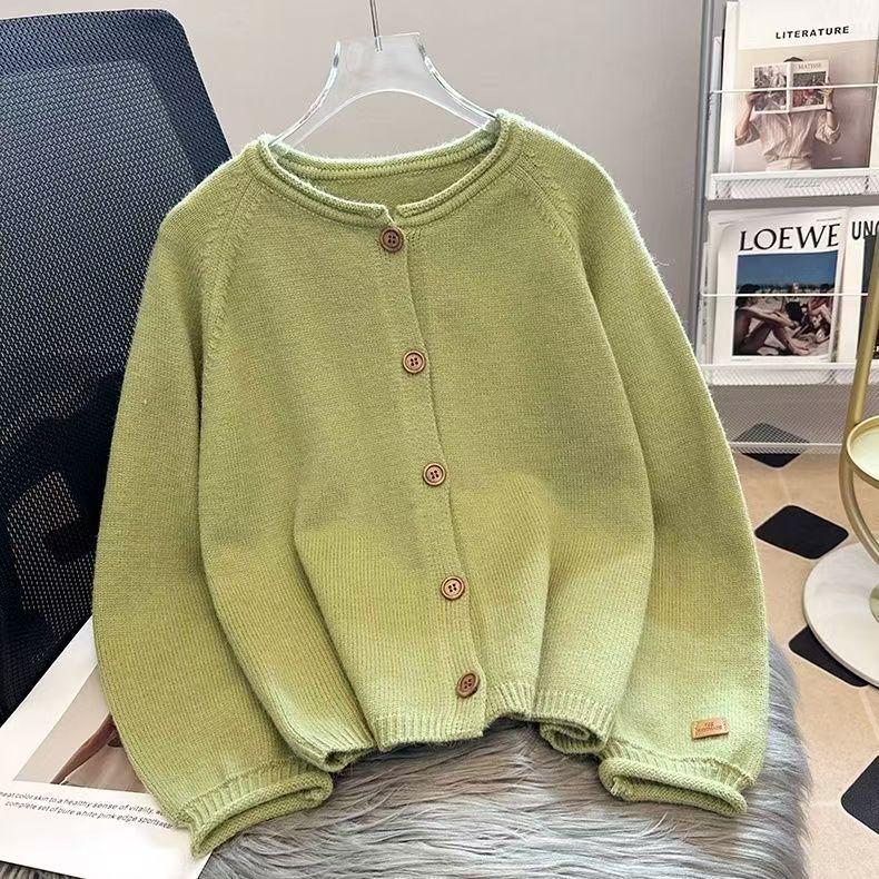 Korean Retro Button Knit Cardigan - Women's Casual Loose Fit with Rolled Edges and Raglan Sleeves for Autumn Winter