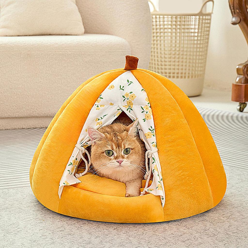 Cat Cave Plush Washable With Removable Pad Pumpkin Enclosed Cat Bed With Door Drape For Calming Sleeping Winter Kitten Small Dog
