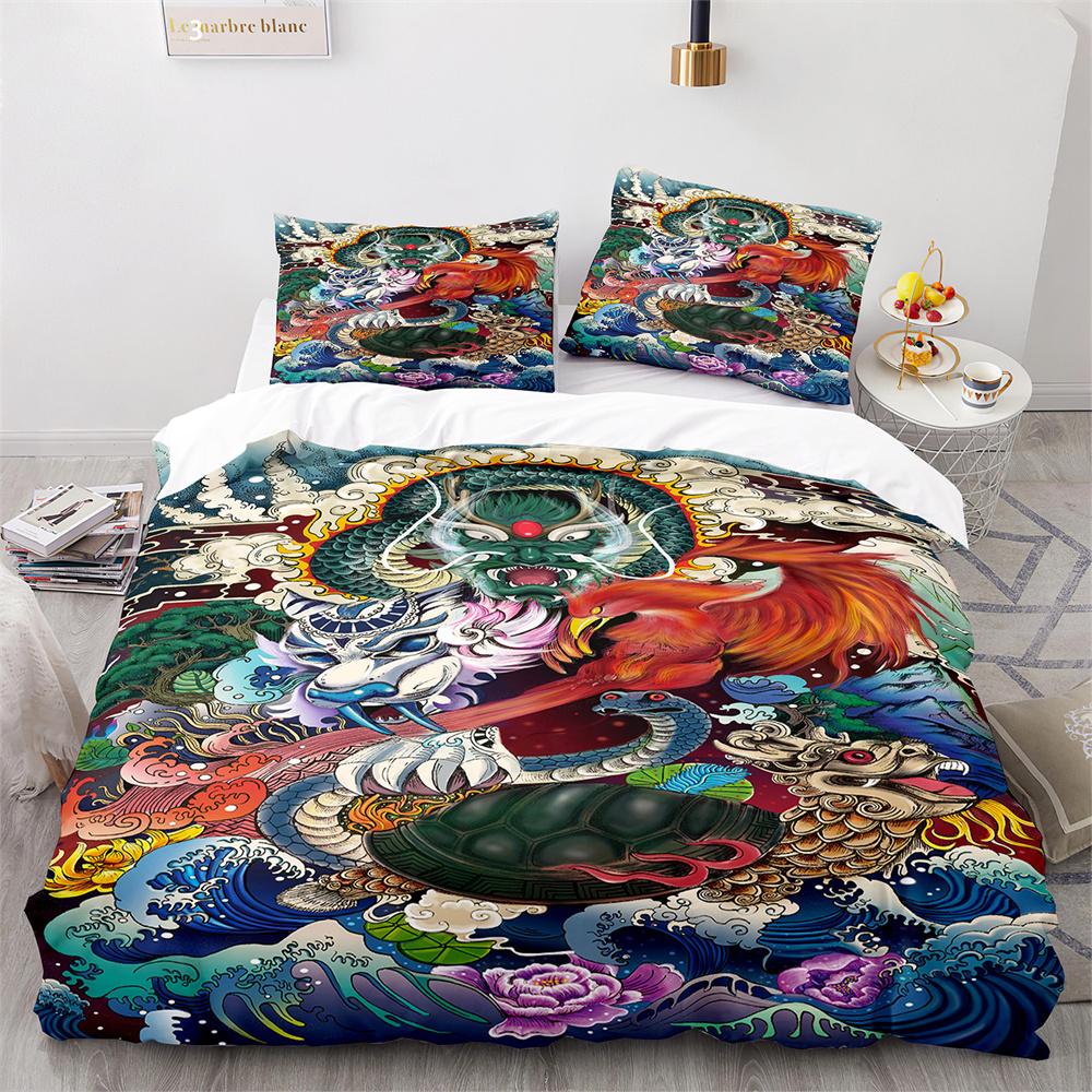 Japanese-Style Bedding Set Ukiyo-e Theme Comforter Cover Sea Wave Red Sun Pattern Decor Duvet Cover For Kids Teen King Full Size