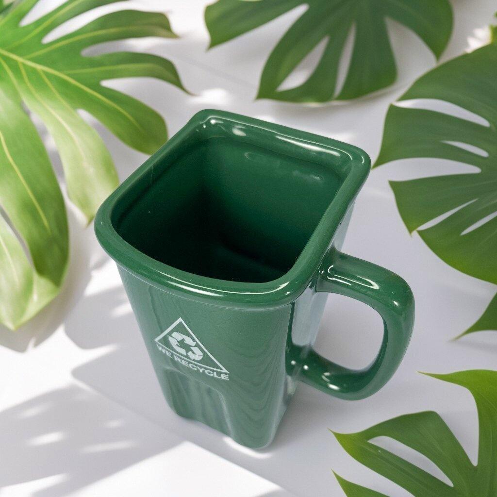 1pc Green Trash Can-Shaped Ceramic Mug , Fun , Creative Design, 380ml Reusable Water Cup with "Waste" Sign, Perfect Gift for Friends, Hand Wash Only