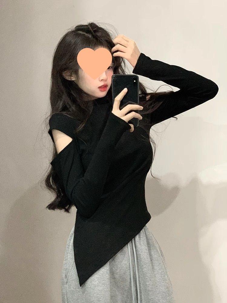 Women's Off-Shoulder Slim Fit Brushed Turtleneck Long Sleeve Top for Autumn/Winter