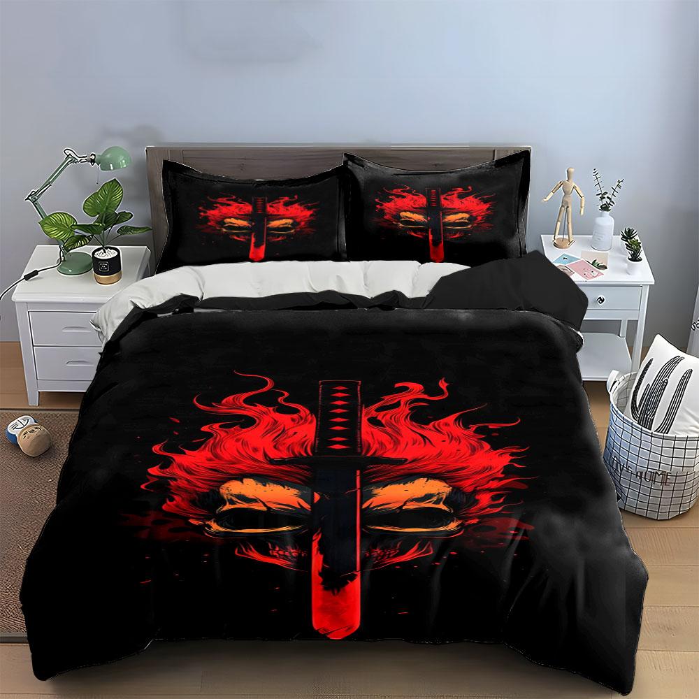 Red flames, sword, skull. Bedding sets Duvet cover sets Duvet covers Pillowcases(1* Duvet Cover 2* Pillowcases without duvet insert)