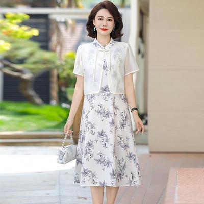 2026 Floral Chiffon Short-Sleeved Two-Piece Dress for Middle-Aged Women