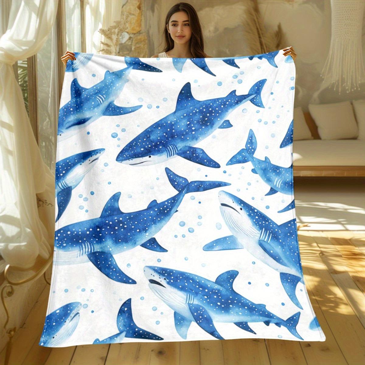 Whale shark blue watercolor pattern white background soft flannel blanket ocean animal marine life print nursery baby bedding 75x90cm