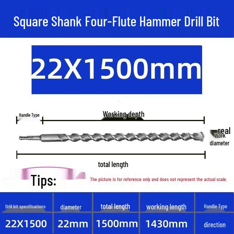 Extended Electric Hammer Drill Bit, Square & Round Shank, for Concrete Piercing - Available in 500mm to 2m Lengths