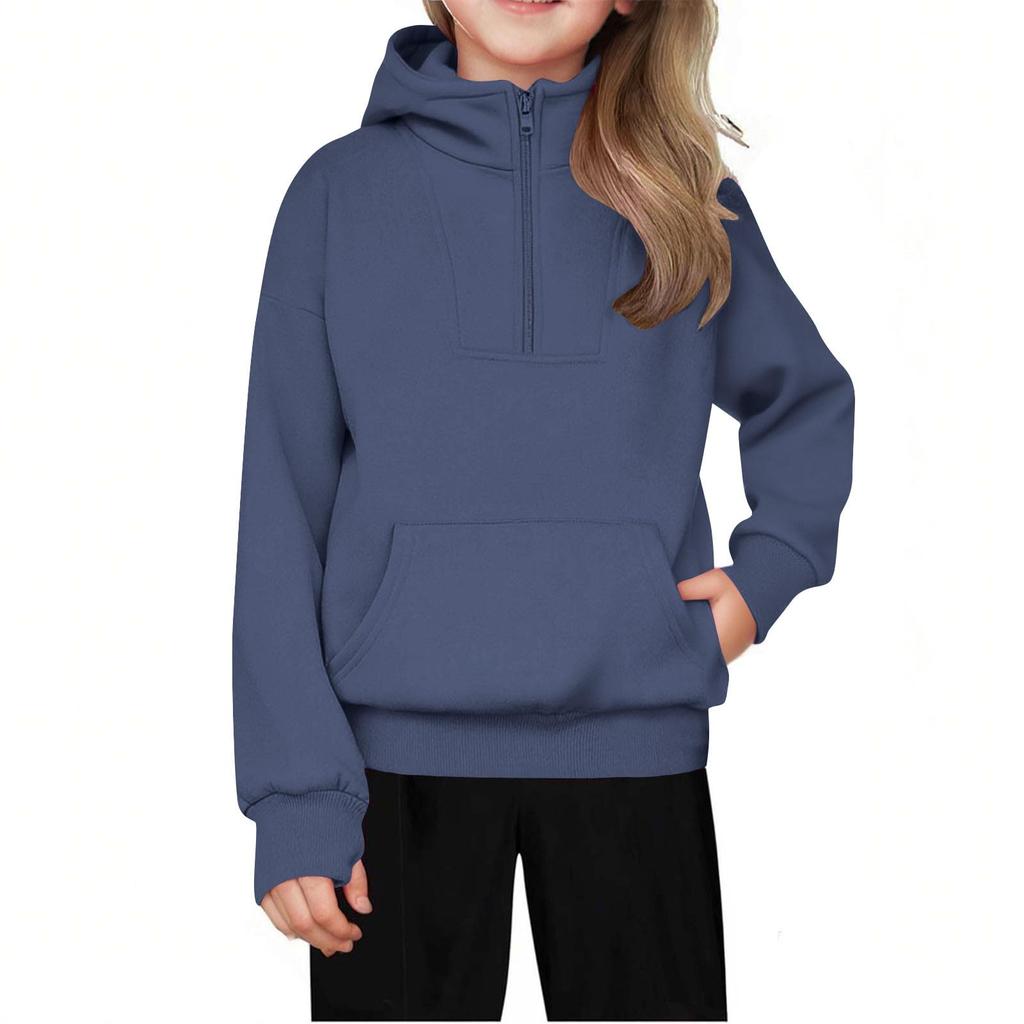 Children's Relaxed Fit Half-Zip Sweatshirt Fleece-Lined Girls' Solid Color Hooded Sweatshirt
