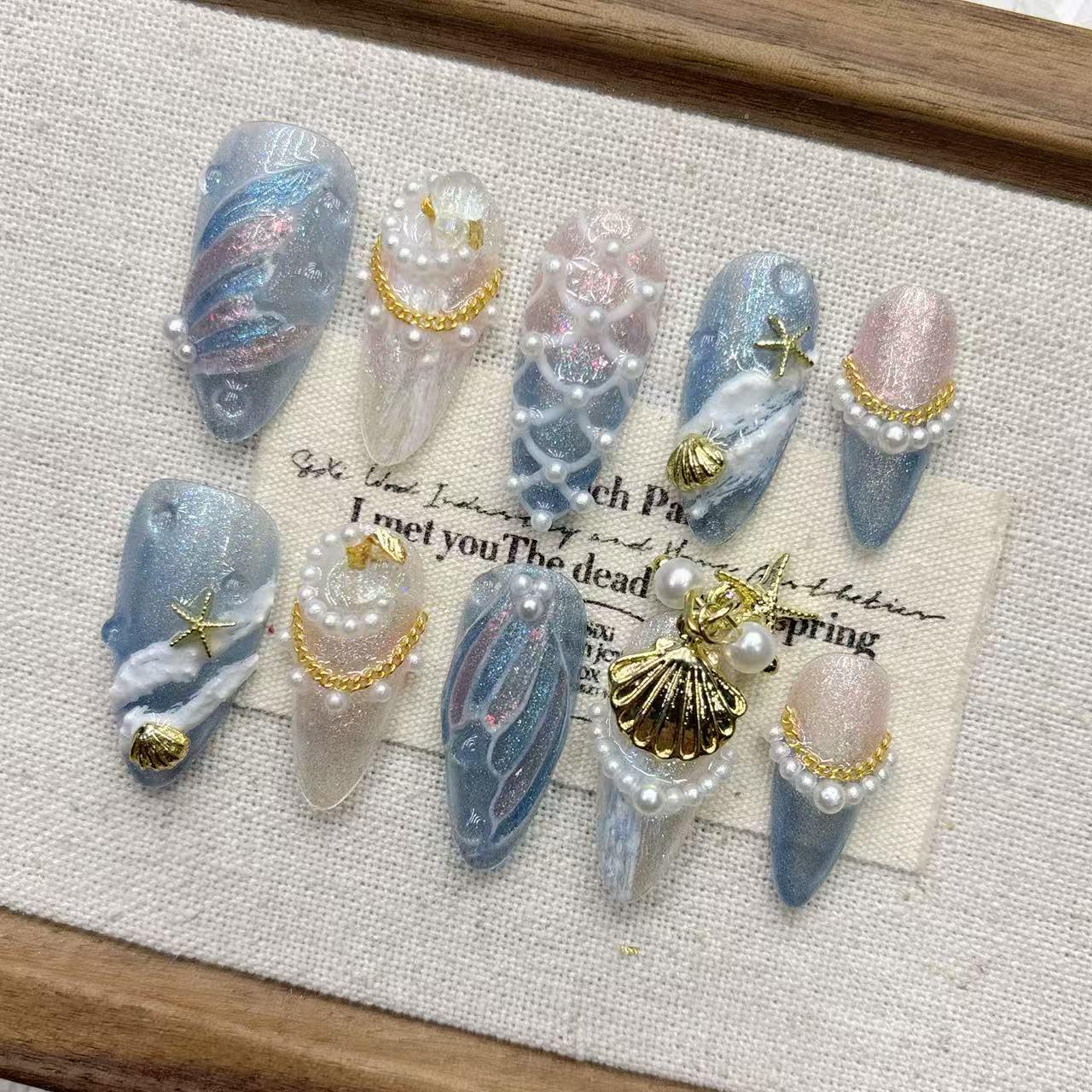 Blue Ocean Almond Style Handmade Whitening Fake Nail Tips