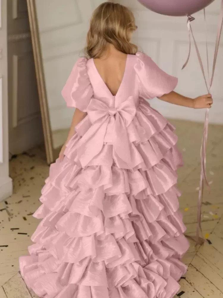 Girls' 2026 Spaghetti Strap Puffy Princess Dress - Sweet Short-Front Long-Back Formal Style