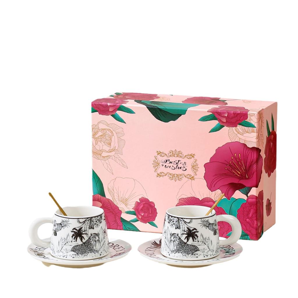 Vintage Watercolor Medieval Coffee Cup And Saucer Gift Box Mug Ceramic Cup Couple Pair Cup Wedding Gift Souvenir