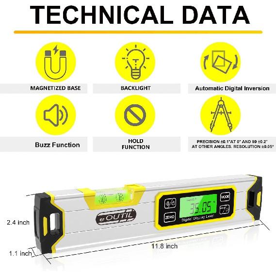 12-Inch Digital Torpedo Level and Protractor Aluminum Inclinometer Angle Finder with Backlight LED Display & V-Groove Magnetic Base, IP54 Dust/Water