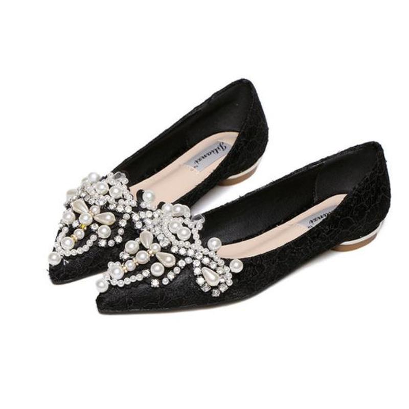 New Crown Pearl Soft Flats Wedding Shoes Pointed Toe Women Dress Moccasins Low Pearl Heel Ladies Fashion Luxury Plus Size 43