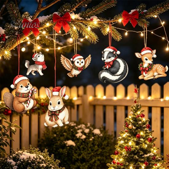 Wood Hanging Crafts for Christmas 12/24Pcs 2D Wooden Ornaments, Woodland Animal Decorations, Forest Durable Holiday Ornaments Creature Ornament Tree,