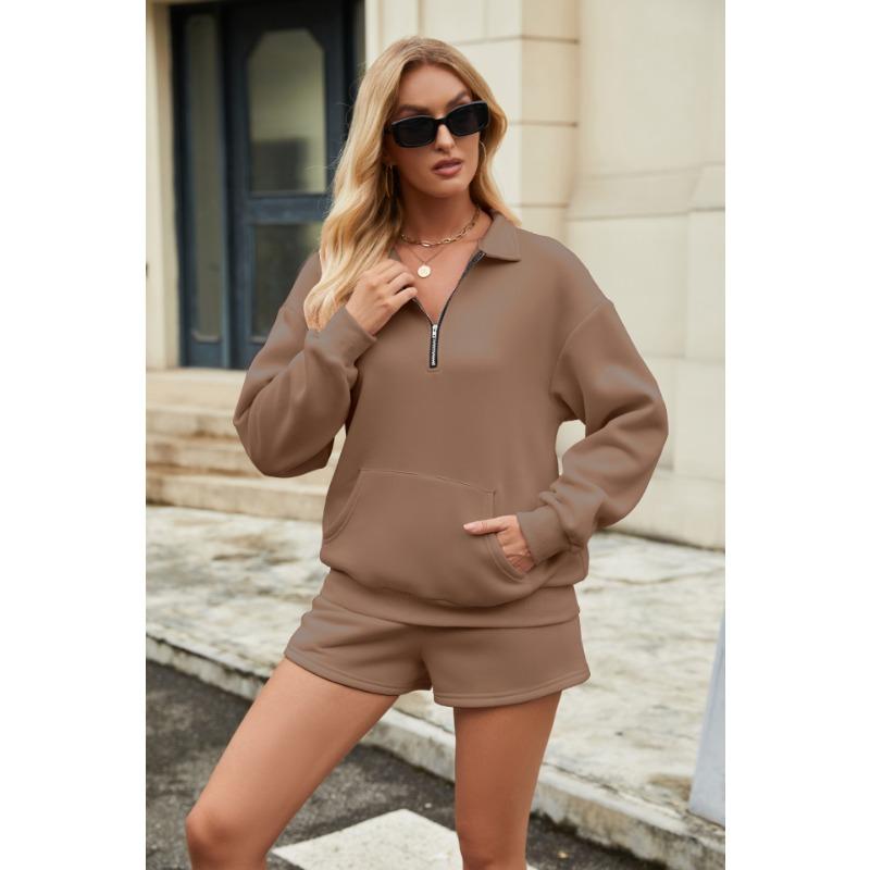 Womens Solid Long Sleeve Sweatshirt With Pockets Shorts Two Piece Casual Set
