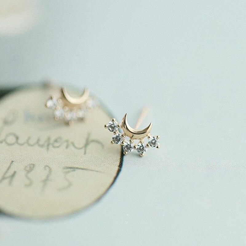 925 Sterling Silver Plating 14K Gold Plating Crystal Moon Stud Earrings Women Cute Jewelry